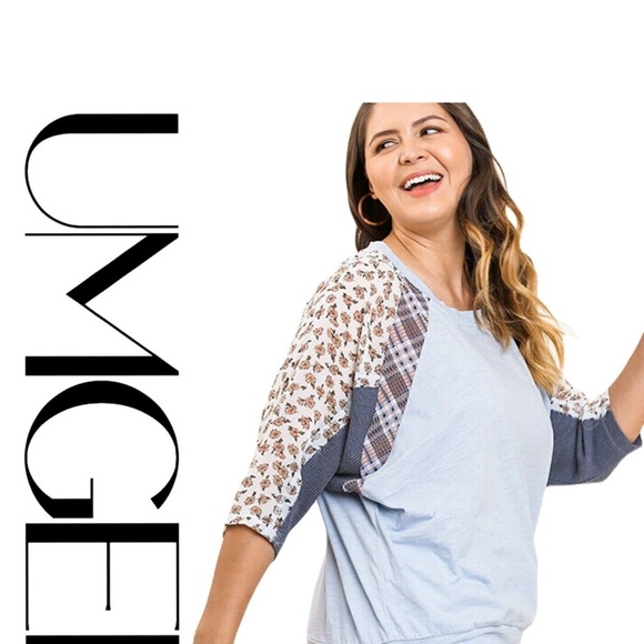 Umgee Sky Mix Floral Plaid Dolman Sleeve Knit Blouse - Picture 2 of 9